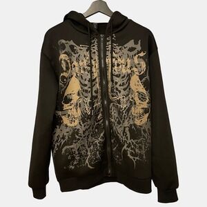 Romwe Mens Dangerous Skull Graphic Zip Up Hoodie Black Streetwear Small